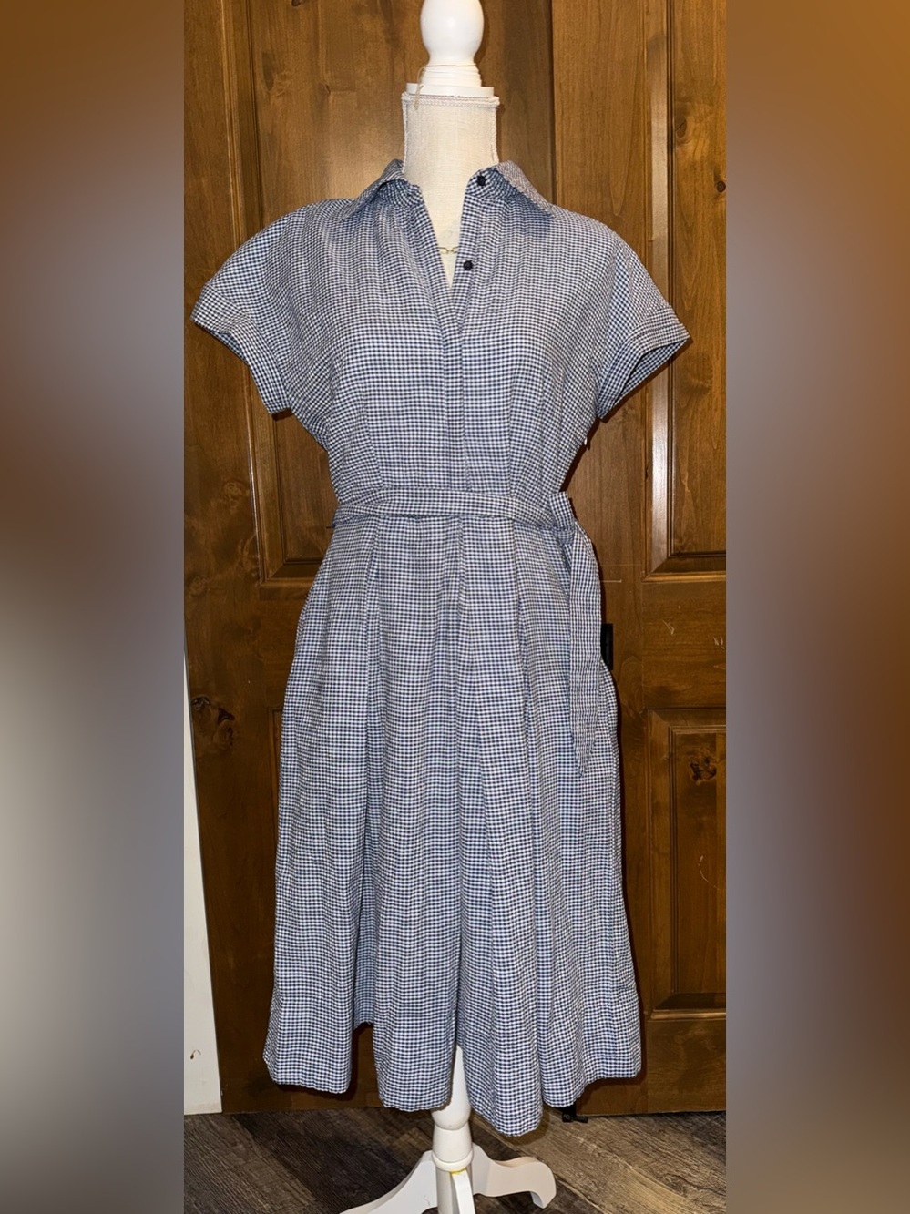 SLNY Gingham Midi Shirt Dress Blue White, Belted, pockets Short Sleeve A-Line